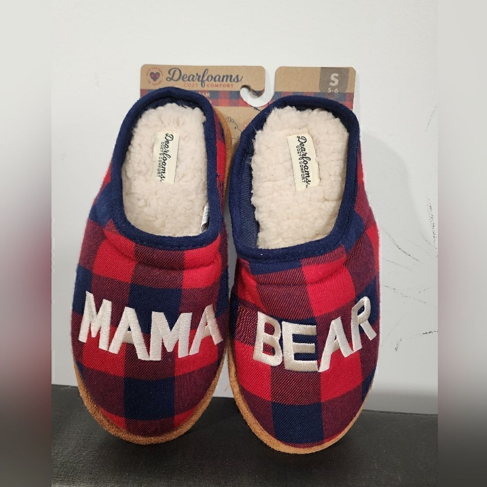 NEW Dearfoams Mama Bear Navy/Red Christmas Plaid Women Clog Slippers, Small 5/6